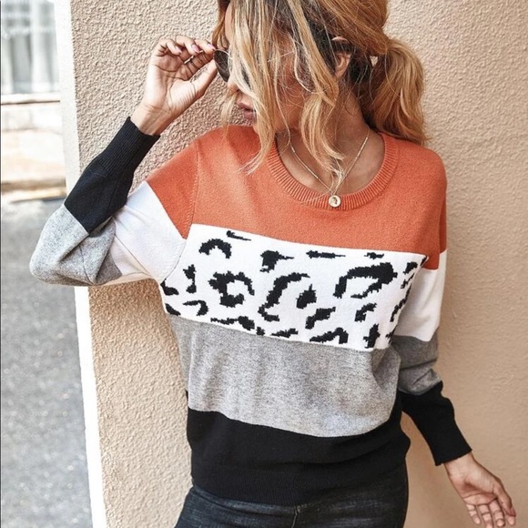 Color block stripe leopard print knit sweater pink - Picture 3 of 8